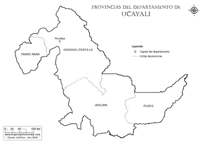 Mapa de provincias del departamento de Ucayali para colorear.