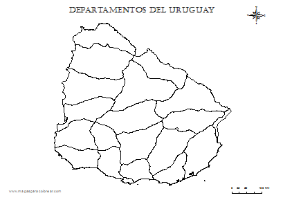 Mapa de Uruguay por departamentos para colorear.