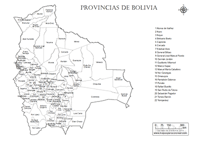 Mapa de provincias de Bolivia con nombres para colorear.
