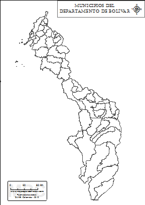 Mapa de muicipios de Bolívar sin nombres para completar y colorear.