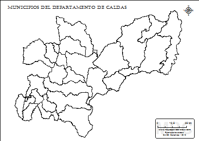 Mapa de muicipios de Caldas sin nombres para completar y colorear.