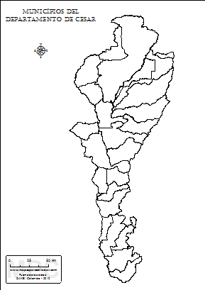 Mapa de muicipios del Cesar sin nombres para completar y colorear.