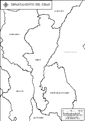 Mapa del departamento del Cesar para colorear.