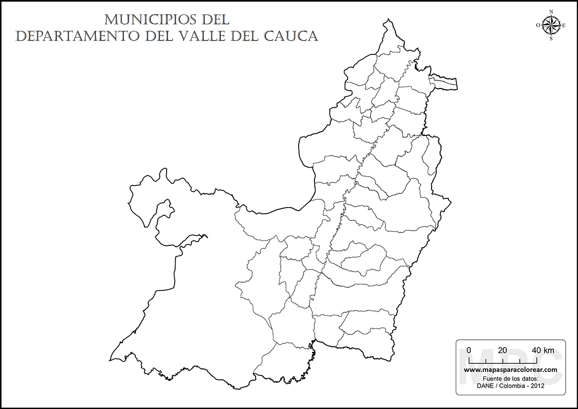 Mapa de muicipios del Valle del Cauca sin nombres.