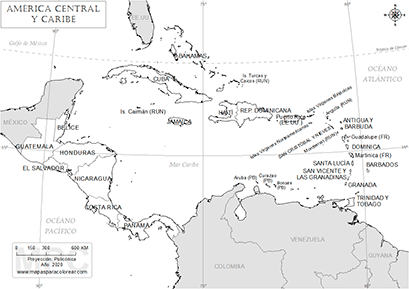 Mapa de América Central Y Caribe con nombres para colorear.