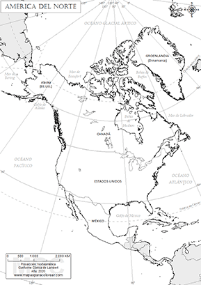 Mapa de América del Norte con nombres para colorear.