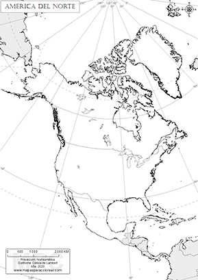 Mapa de América del Norte sin nombres para completar.