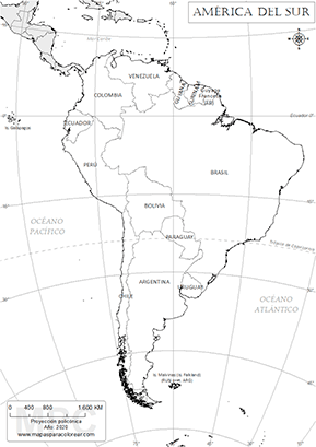 Mapa de América del Sur con nombres para colorear.