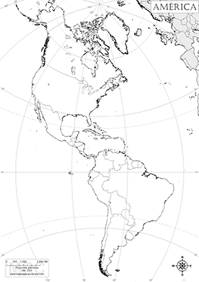 Mapa mudo de las américas, para completar con los nombres y colorear.