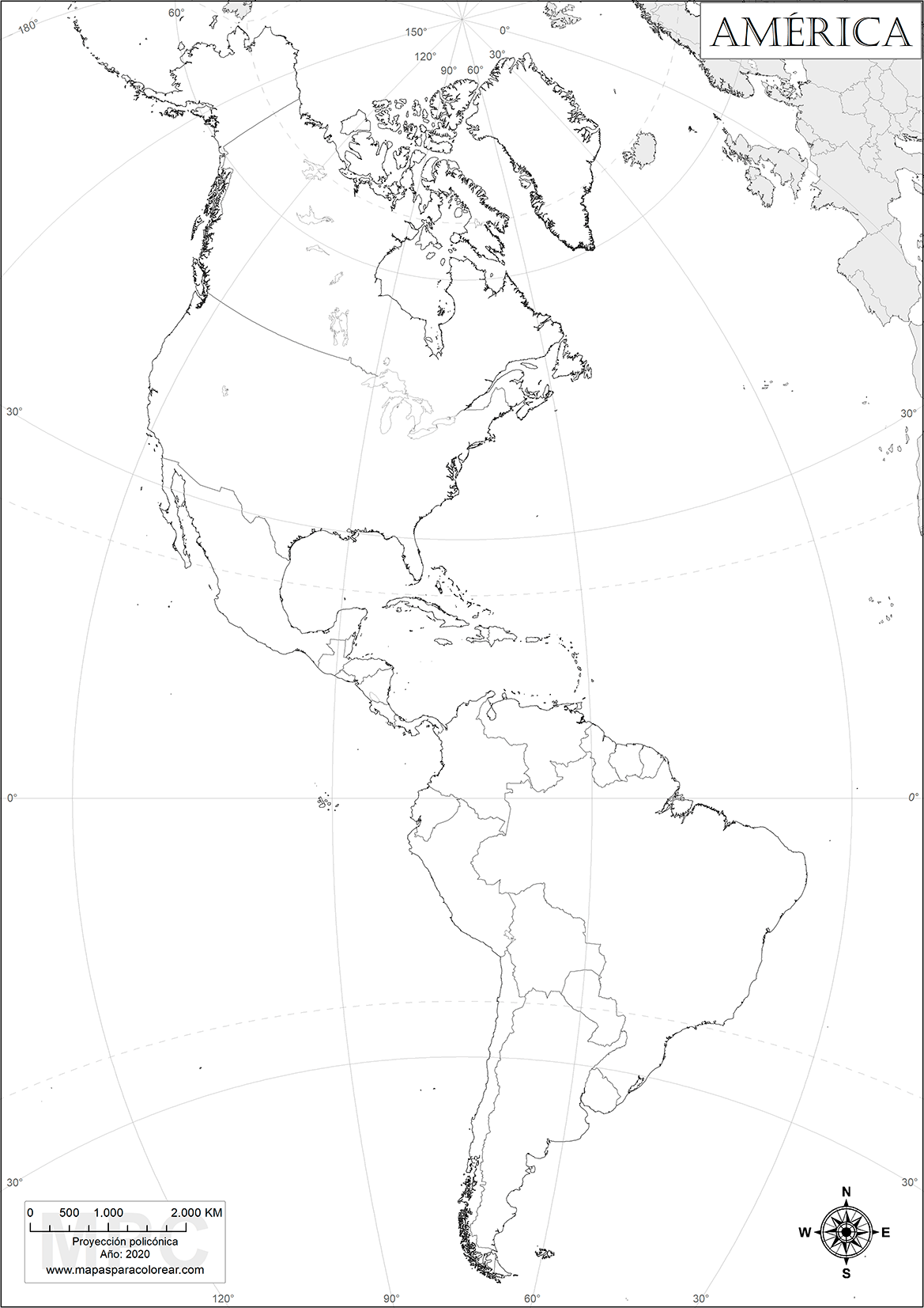 Mapas de Américas (norte, sur, central) para colorear