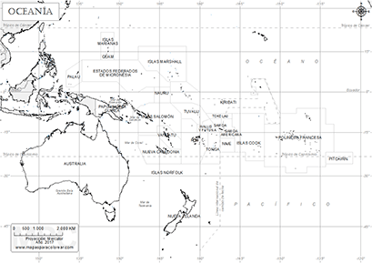 Mapa de Oceanía para colorear.