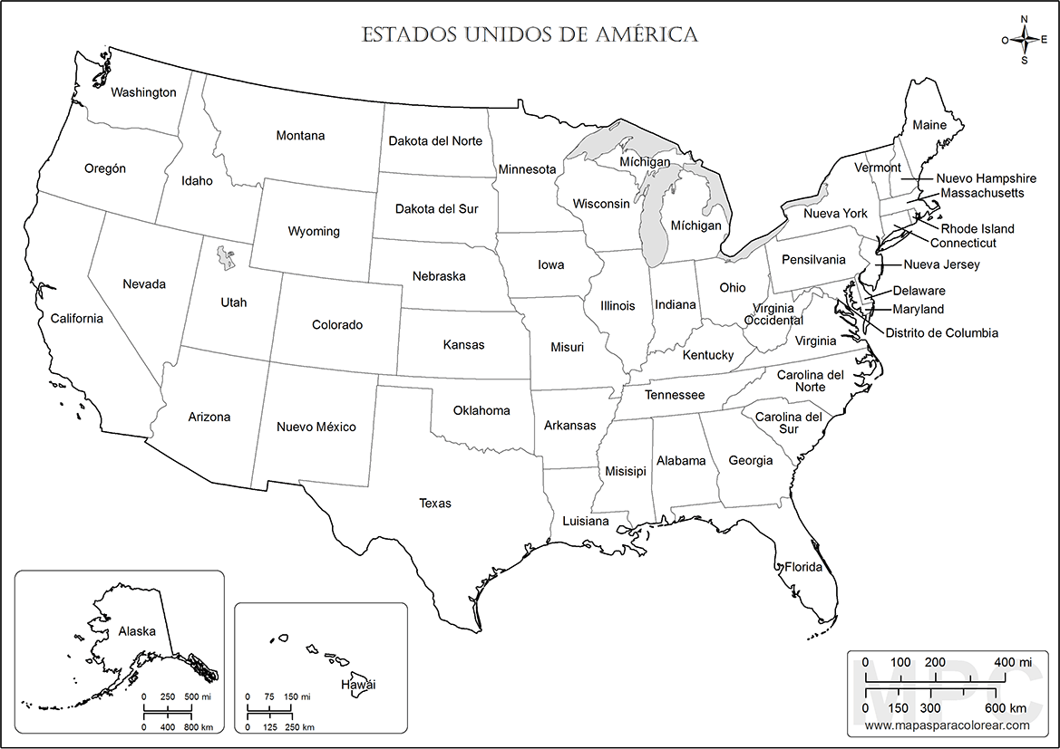 Mapas de Estados Unidos para colorear