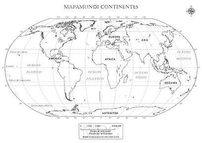 Mapa de continentes con nombres para colorear.