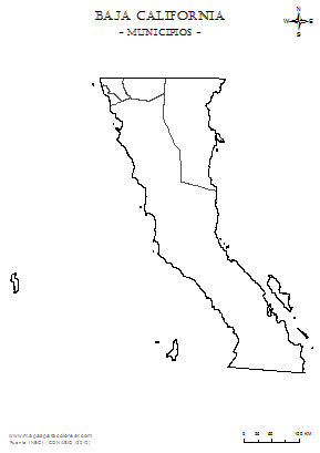 Mapa de contorno de los municípios de Baja California para completar y colorear.