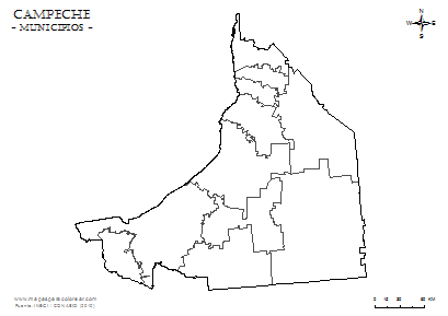 Mapa de municipios de Campeche para completar con nombres y colorear.