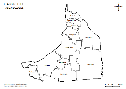 Mapa de municipios de Campeche con nombres para colorear.