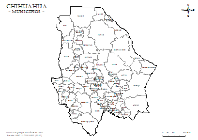 Mapa de municipios del estado de Chihuahua com nombres, para colorear.