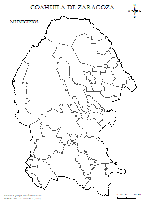 Mapa de municipios de Coahuila de Zaragoza para completar con nombres y colorear.