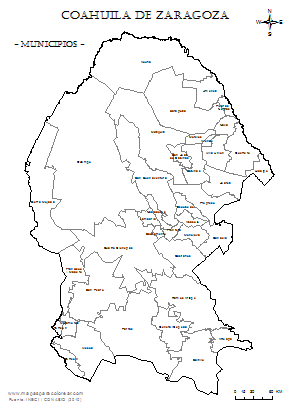 Mapa de municipios de Coahuila de Zaragoza con nombres para colorear.