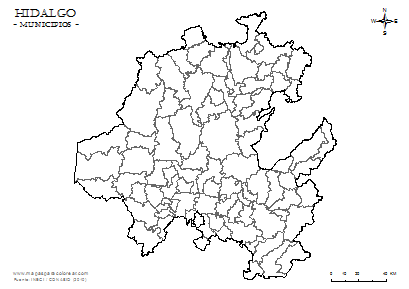 Mapa de municipios del estado de Hidalgo para completar con nombres y colorear.