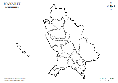 Mapa de Nayarit, mudo para completar y colorear.