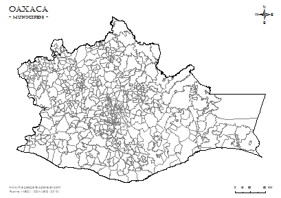 Mapa de Oaxaca, mapa mudo, para colorear.