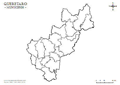 Mapa de municipios de Querétaro em blanco para completar y colorear.