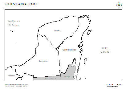 Mapa de Quintana Roo, limites e vecinos, em blanco para colorear.