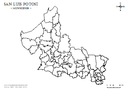Mapa de municipios de San Luis Potosí em blanco para completar y colorear.