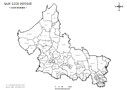 Mapa de municipios de San Luis Potosí em blanco para colorear.