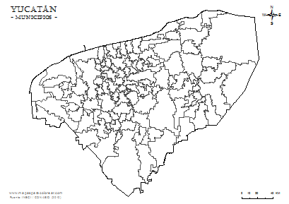 Mapa mudo de municipios de Yucatán em blanco para completar y colorear.