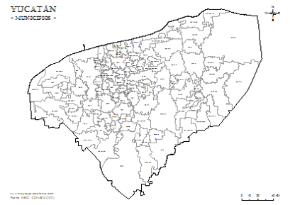 Mapa de municipios de Yucatán em blanco para colorear.