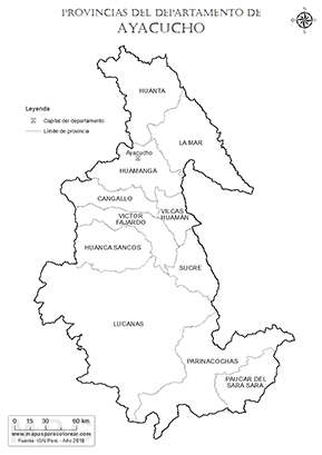 Mapa de provincias del departamento de Ayacucho para colorear.