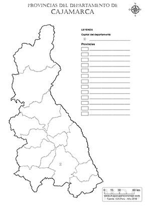 Mapa de provincias de Cajamarca para colorear y completar la leyenda.