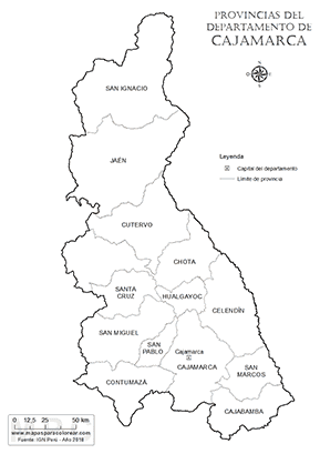 Mapa de provincias del departamento de Cajamarca para colorear.