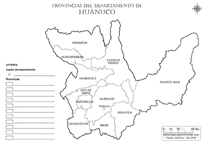 Mapa de provincias de Huánuco para colorear y completar la leyenda.