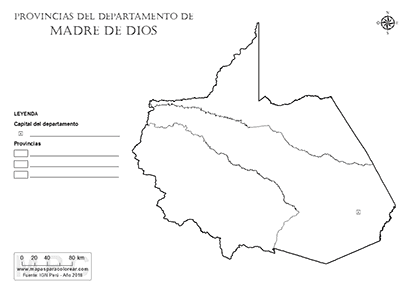 Mapa de provincias de Madre de Dios para colorear y completar la leyenda.