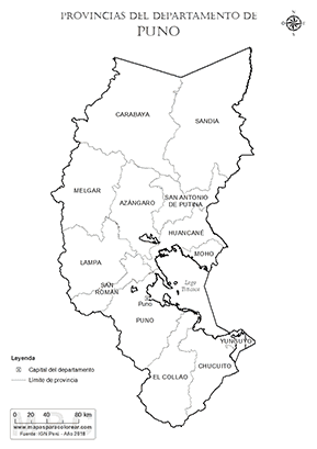 Mapa de provincias del departamento de Puno para colorear.