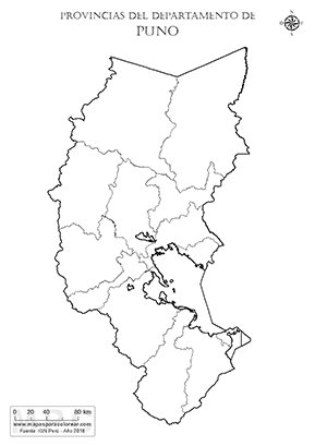 Mapa de provincias del departamento de Puno sin nombres - para completar y colorear.