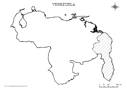 Contorno del mapa de Venezuela con limite de Guyana Esequiba para colorear.